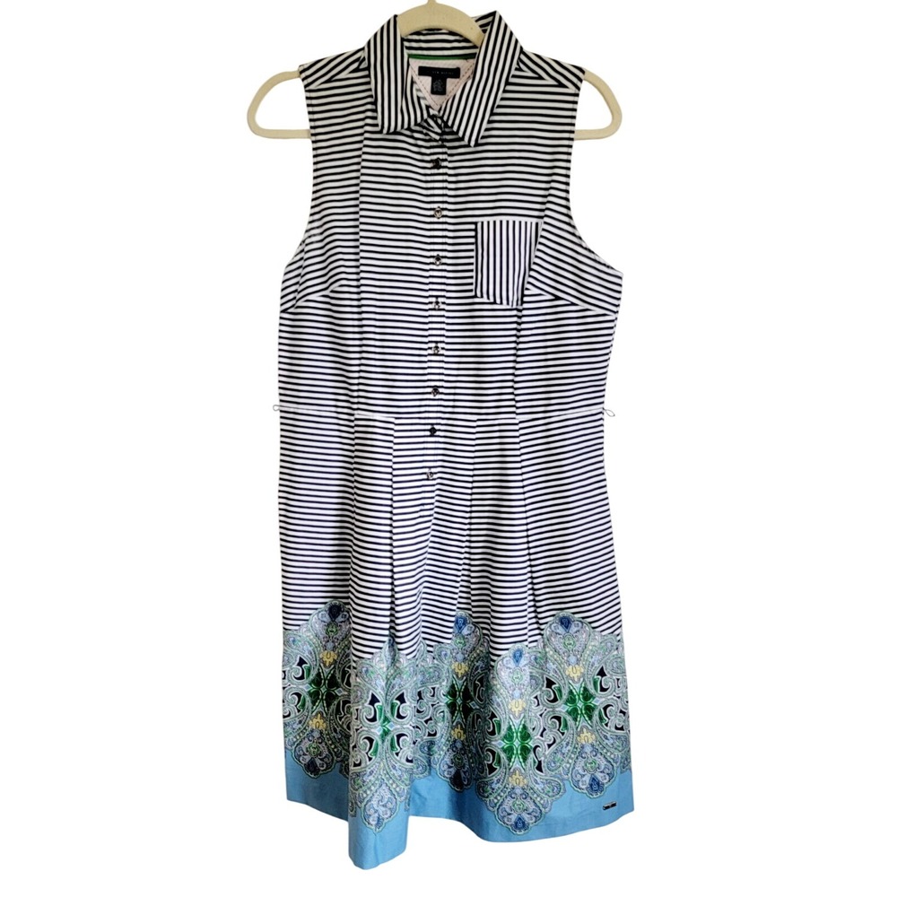 Tommy Hilfiger L Striped Dress Blue Black White Semi‎ Pleated Skirt Slvless NWOT